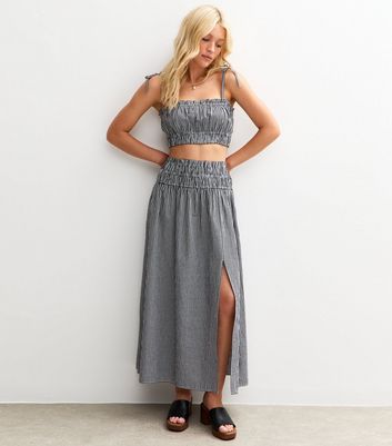 Black Gingham Check Slit Hem Maxi Skirt