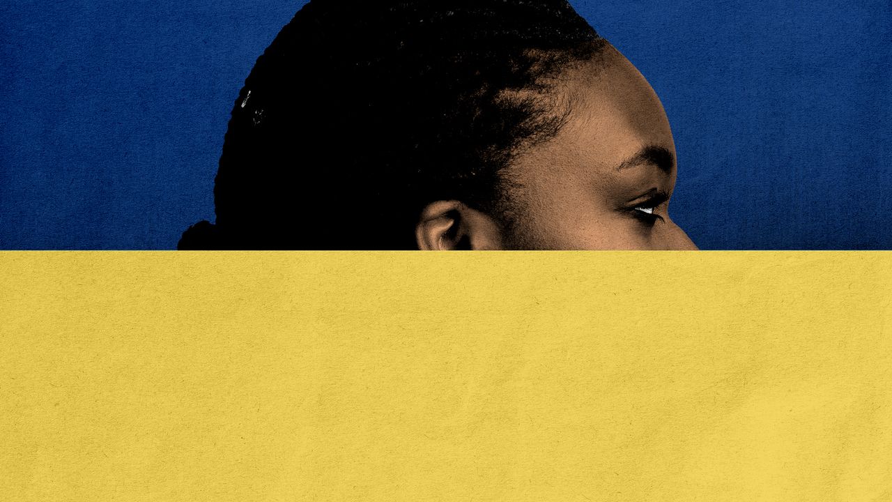 A woman within the Ukrainian flag.