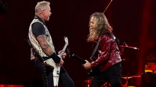 James Hetfield (L) and Kirk Hammett of Metallica perform at Ford Field on November 10, 2023 in Detroit, Michigan.