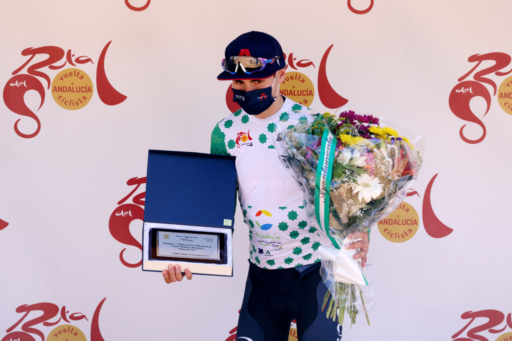 VILLARRODRIGO SPAIN MAY 20 Carlos Rodriguez Cano of Spain and Team INEOS Grenadiers best Andalusian rider celebrates at podium during the 67th Vuelta A Andalucia Ruta Del Sol 2021 Stage 3 a 17510km stage from Beas De Segura to Villarrodrigo 1151m Trophy VCANDALUCIA on May 20 2021 in Villarrodrigo Spain Photo by Gonzalo Arroyo MorenoGetty Images