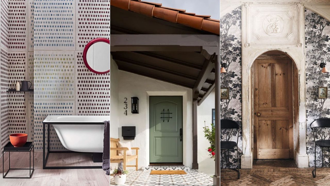 Dotted bathroom door, green front door, wooden door and black and white wallpaper