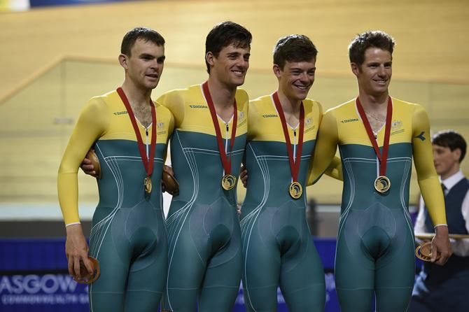 Men's team pursuit gold medal winners from Australia: Jack Bobridge, Luke Davison, Alex Edmondson, Glenn O'Shea