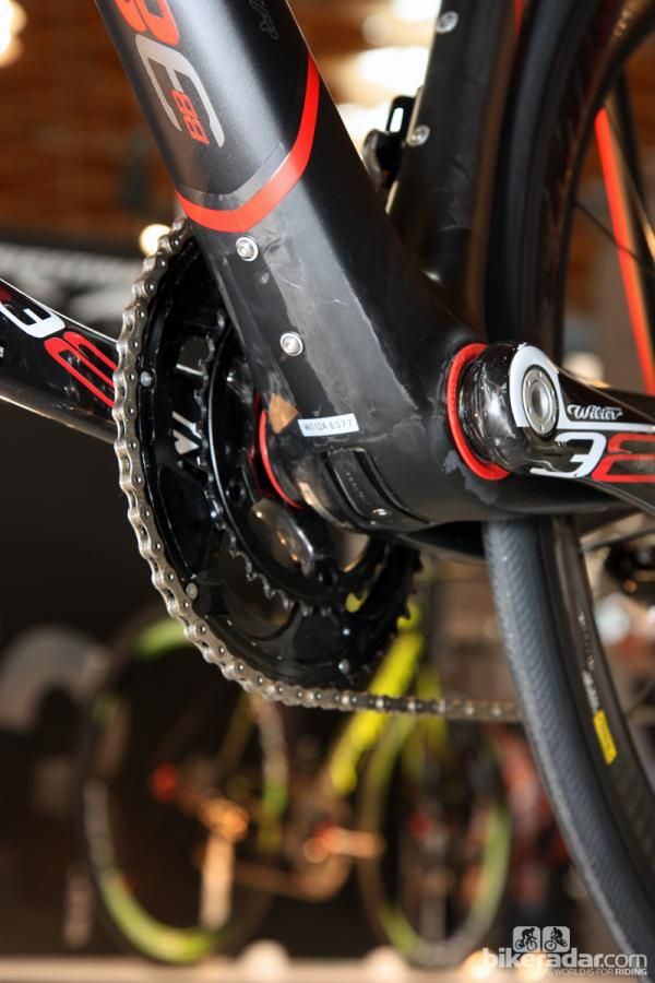The bottom bracket area of Wilier Tristina's new Cento 1 SR features press-fit BB386 EVO bearing cups and a dedicated battery mount.