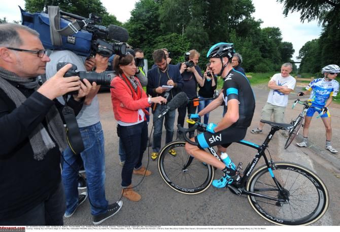 Chris Froome (Team Sky) takes questions from the local press