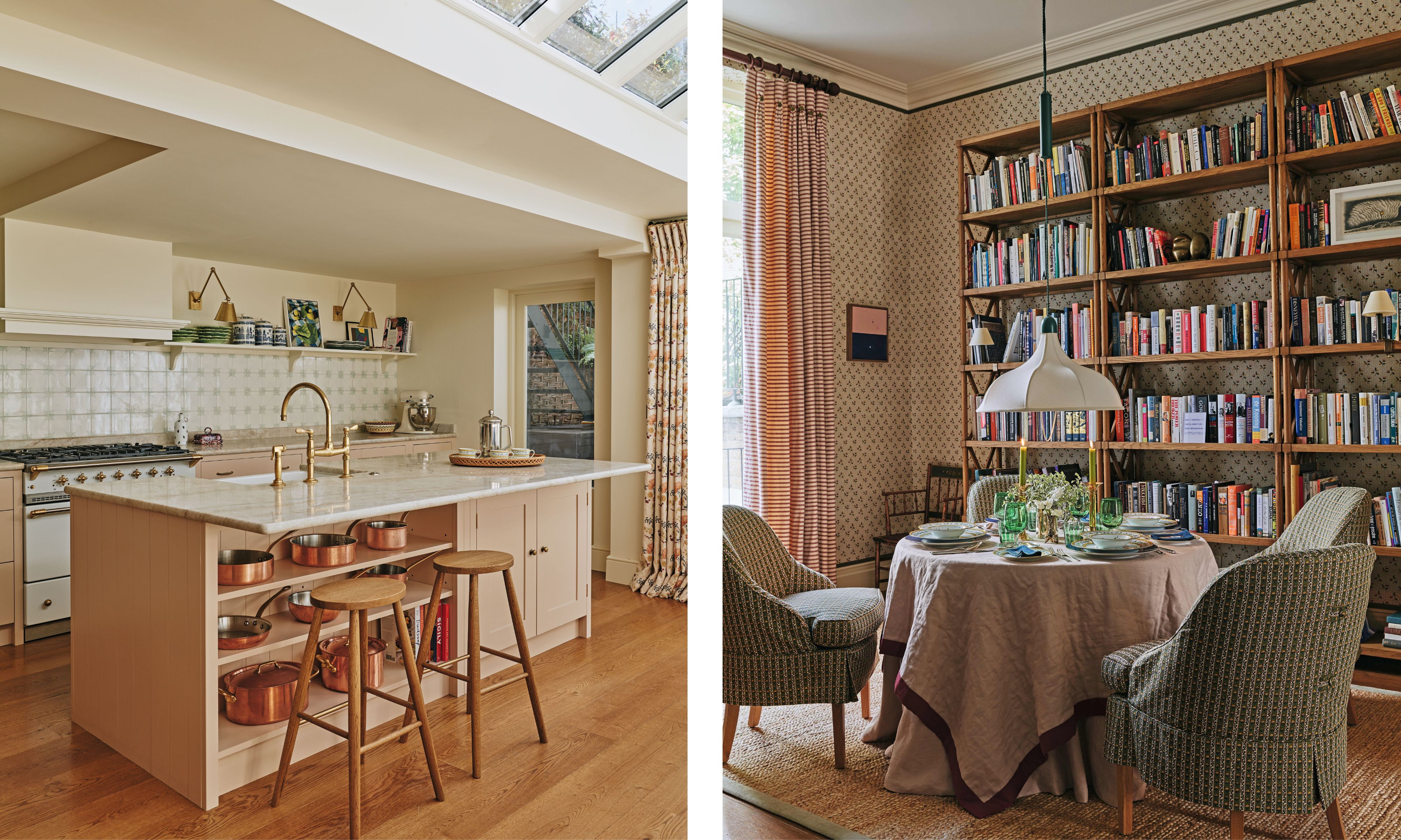 (Left) A bright kitchen with a marble island, copper pots on open shelves, and skylights. (Right) A dining area with a round table, a large wooden bookcase, and patterned wallpaper.