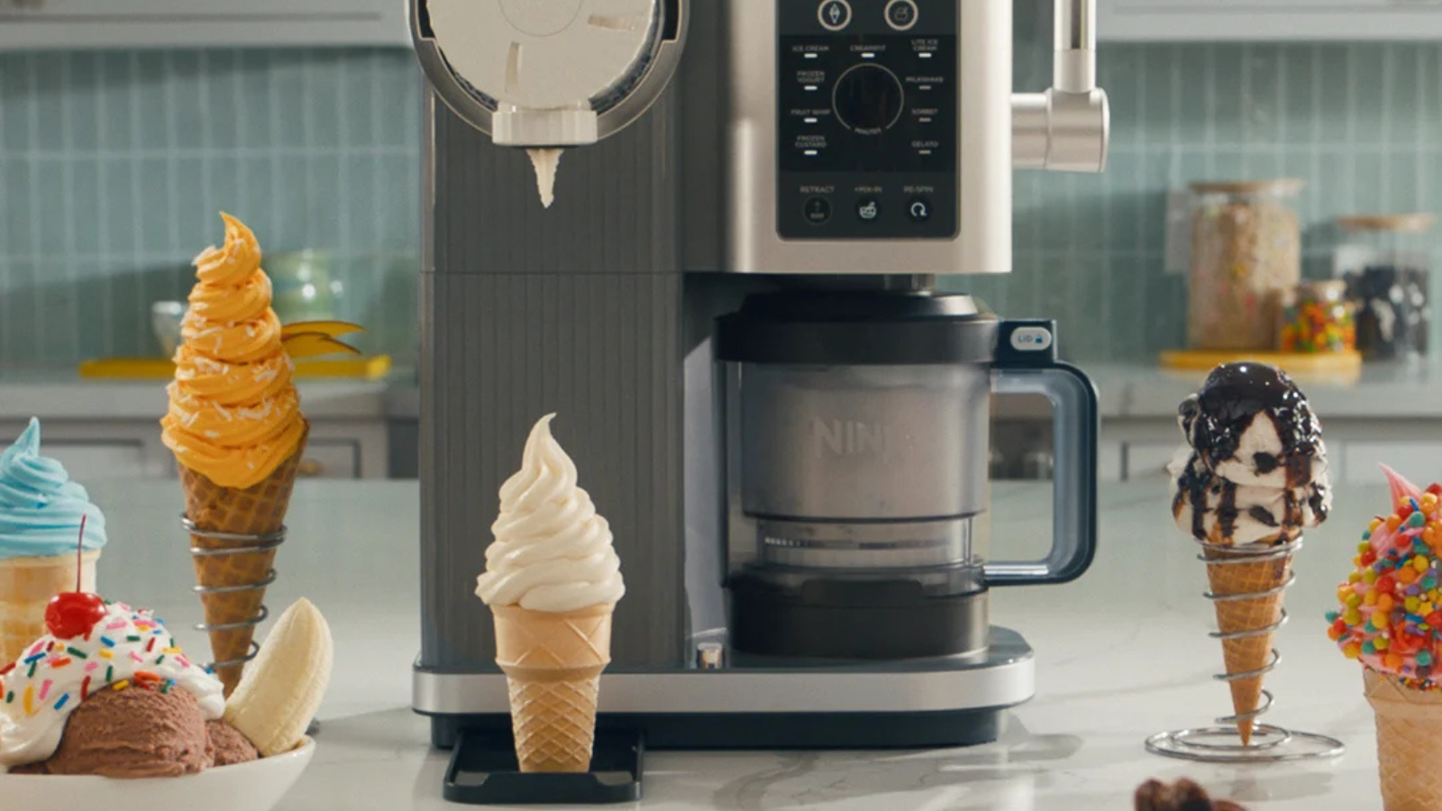 Ninja Swirl on a countertop surrounded by soft-serve ice cream cones