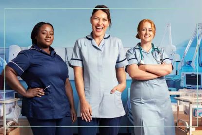 Emma Willis: Delivering Babies season 3 promo image with Emma and two female nurses in uniform