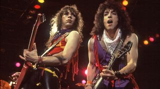 Vinnie Vincent (left) and Paul Stanley of the group Kiss perform at the UIC Pavillion, Chicago, Illinois, February 15, 1984.