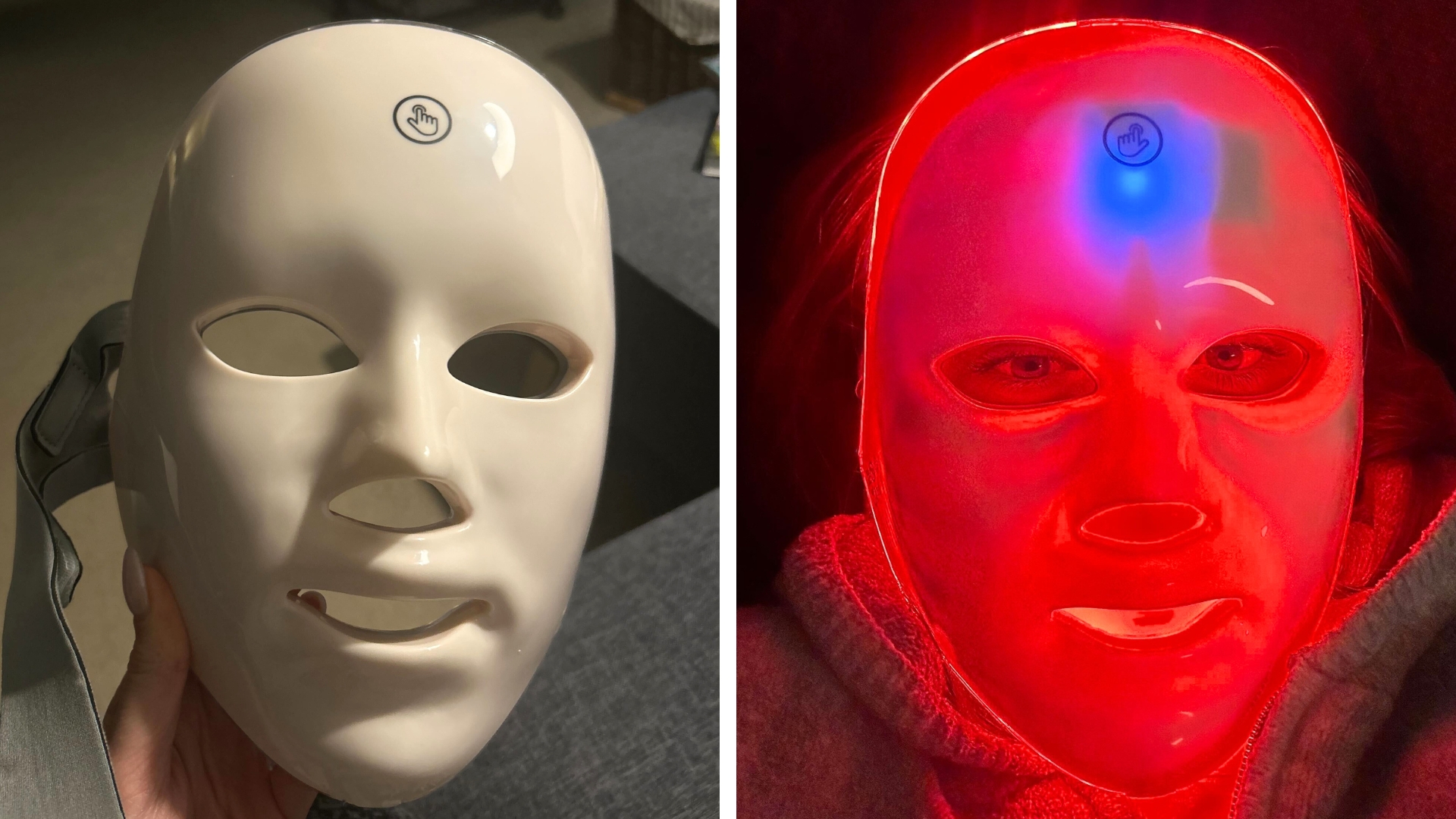 On the left, hand holding the Boots LED Mask, and on the right, Sennen wearing the Boots LED Mask while using the red light