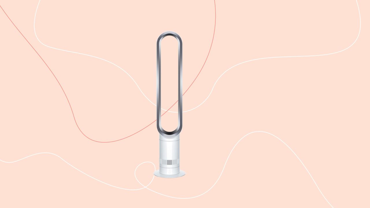 Dyson Cool AM07 Tower Fan on pink graphic background