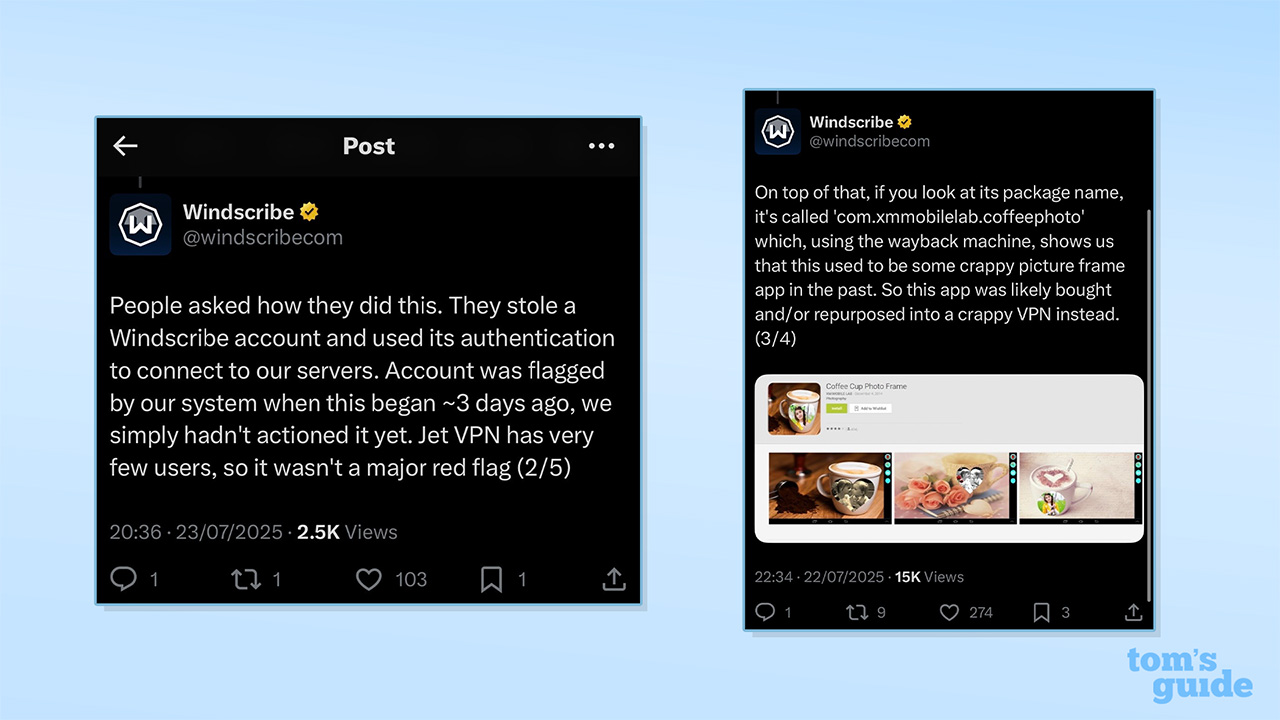 Screenshots of Windscribe tweets detailing the actions of Jet VPN