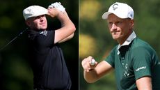 Harry Hall hits a driver off the tee, Adrian Meronk waves to the crowd