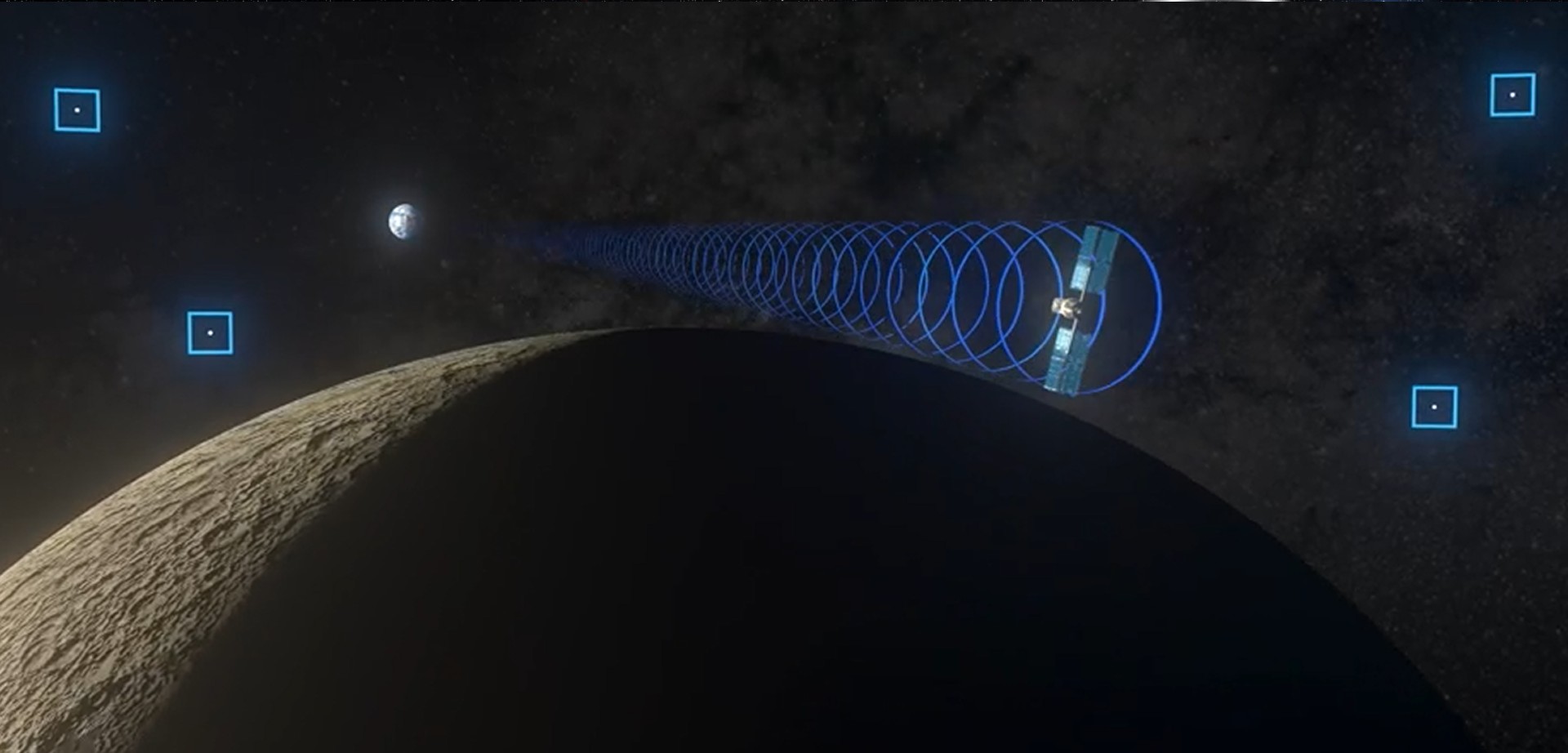 an illustration of a cube-shaped spacecraft in orbit around the moon