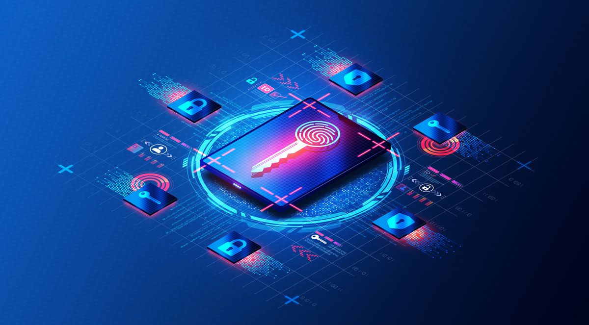 A CGI representation of passkeys. A key with a biometric thumbprint on the handle is on a blue isometric grid background, surrounded by flying blocks glowing with red light and bearing the images of padlocks, keys, and shields.