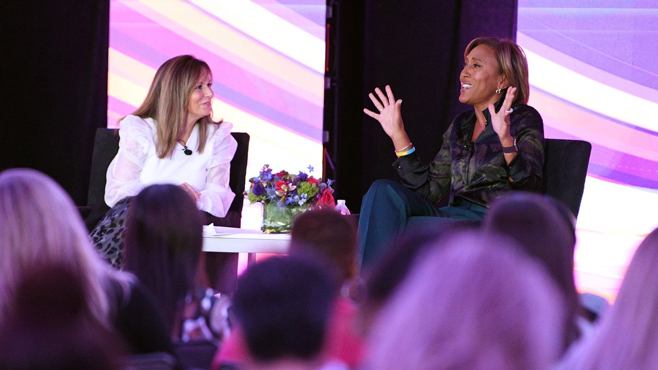 WICT Network president and CEO Maria E. Brennan (l.) and Robin Roberts of ABC&rsquo;s Good Morning America on stage Oct. 11 at the WICT Network Leadership Conference &amp; Touchstones Luncheon in New York.
