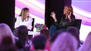 WICT Network president and CEO Maria E. Brennan (l.) and Robin Roberts of ABC’s Good Morning America on stage Oct. 11 at the WICT Network Leadership Conference & Touchstones Luncheon in New York. 