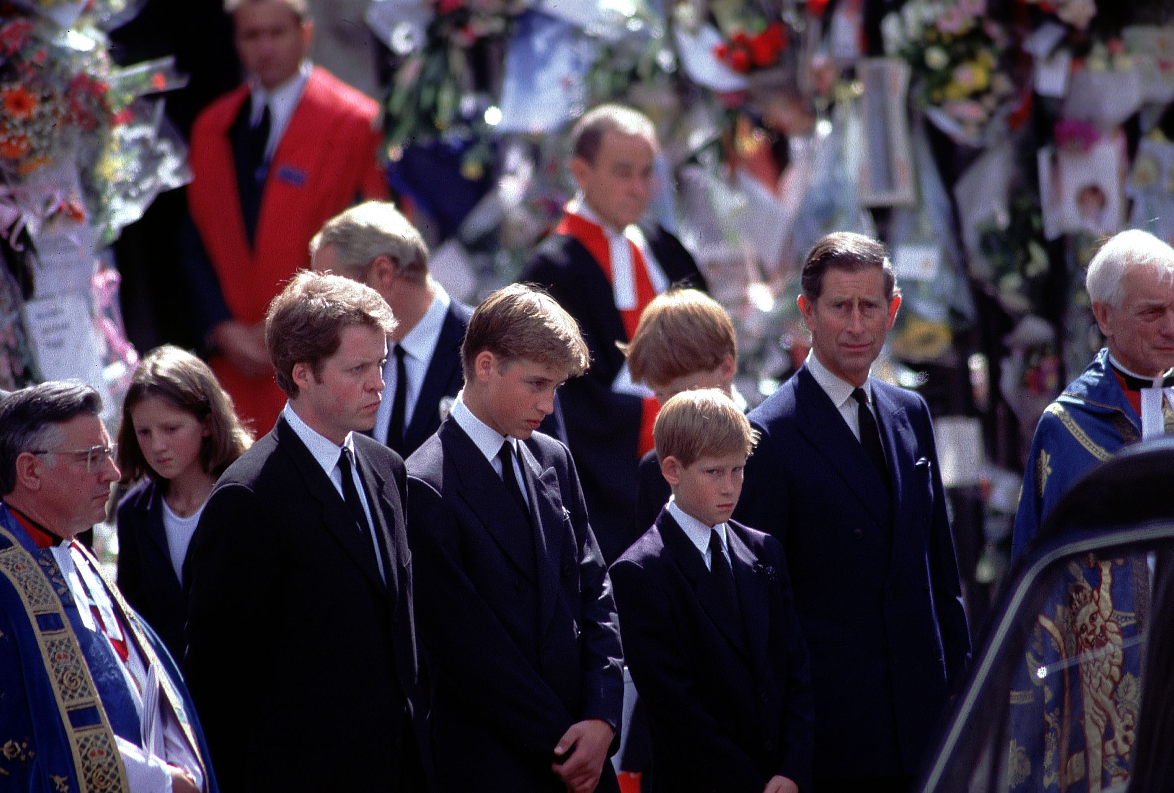 Charles Spencer, Prince William, Prince Harry and Prince Charles at Princess Diana&#039;s funeral