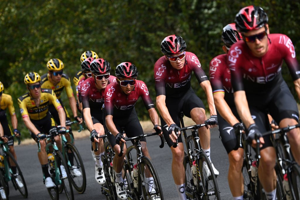 From R Team Ineos rider Spains Jonathan Castroviejo Team Ineos rider Great Britains Christopher Froome Team Ineos rider Colombias Egan Bernal Team Ineos rider Russias Pavel Sivakov and Team Ineos rider Great Britains Geraint Thomas ride during the first stage of the 72nd edition of the Criterium du Dauphine cycling race 2185 km between ClermontFerrand and SaintChristoenJarez on August 12 2020 Photo by AnneChristine POUJOULAT AFP Photo by ANNECHRISTINE POUJOULATAFP via Getty Images