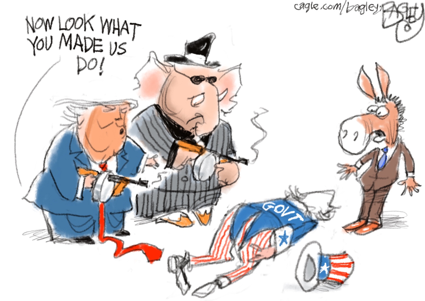 This cartoon depicts Donald Trump and an elephant in an old-fashioned gangster suit. They hold tommy-guns and have just shot Uncle Sam as a frightened donkey looks on. Trump says, &amp;ldquo;Now look what you made us do!&amp;rdquo;