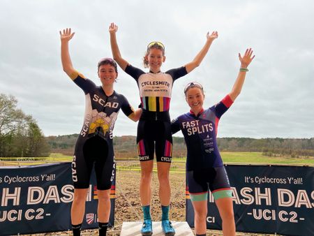 Saturday elite women's C2 podium, with Mackenzie Myatt in centre as winner of Nash Dash for elite women