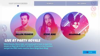 Fortnite Deadmau5, Steve Aoki, and Dillon Francis concert times