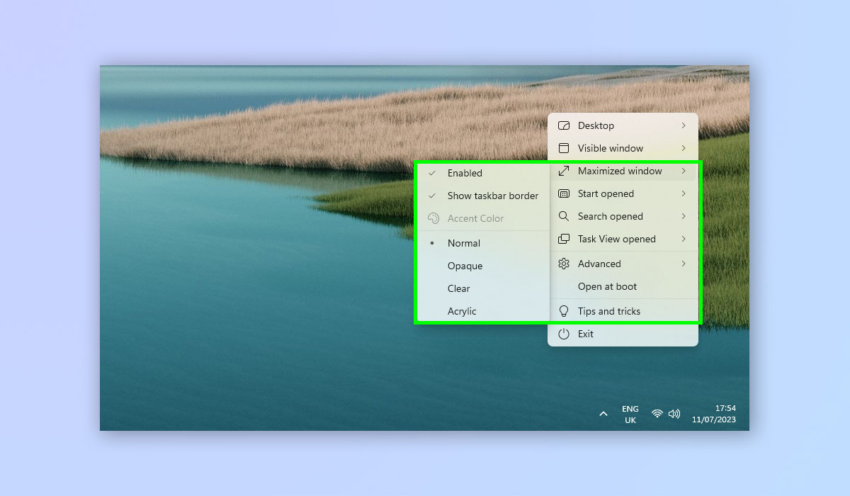 لقطة شاشة توضح كيفية الحصول على شريط مهام شفاف على Windows 11