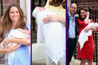 Kate Middleton holding a baby Prince George wrapped in a shawl, Princess Charlotte as a baby and Prince William with Kate Middleton holding baby Prince Louis