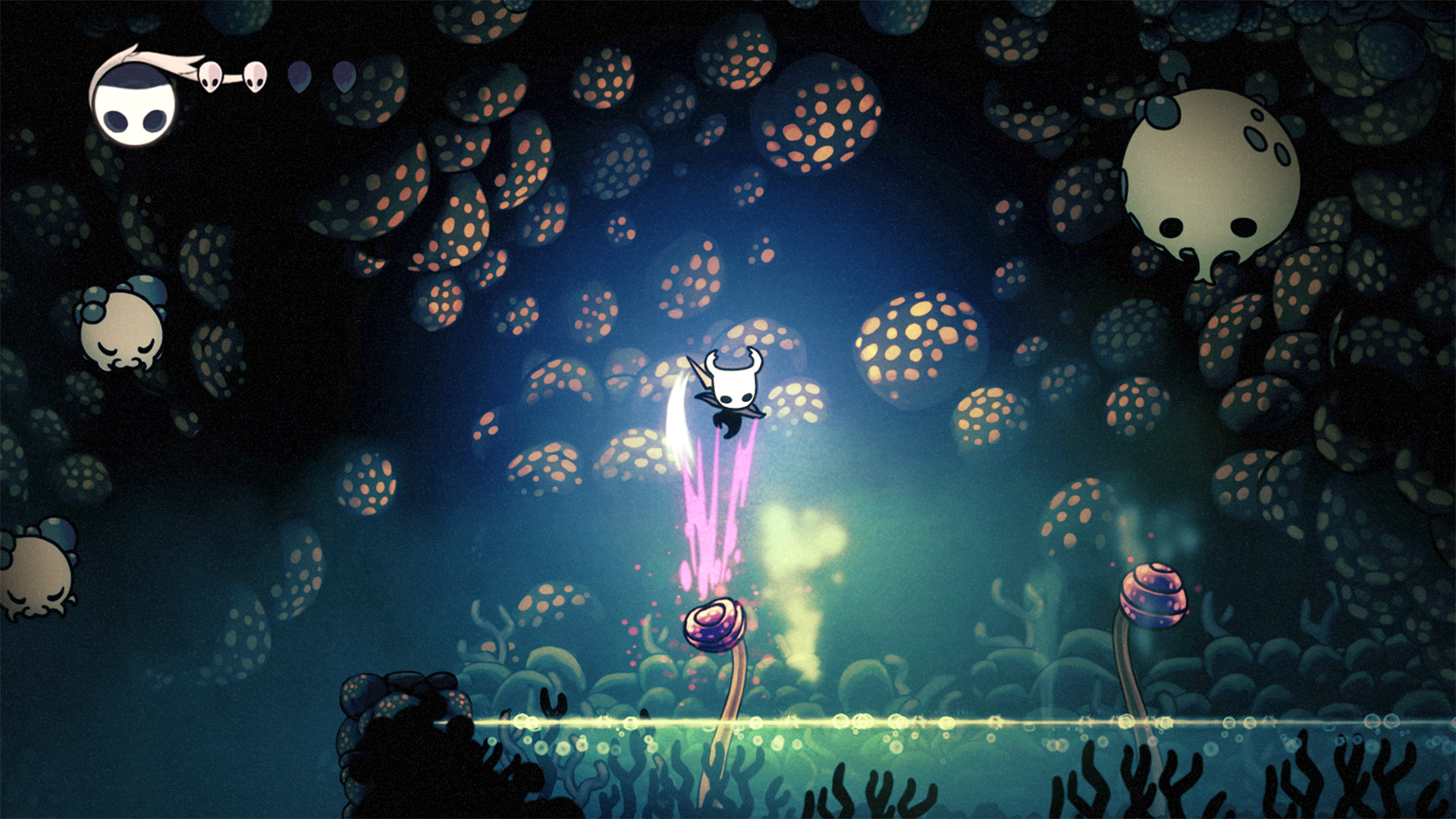 The knight strikes a plant downward in Hollow Knight to pogo jump across a gap