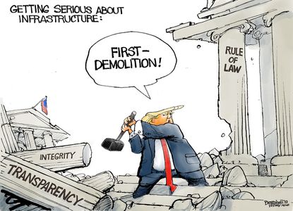 Political Cartoon U.S. Trump infrastructure overhaul budget demolition law