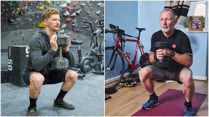Alex Ballinger in a goblet squat in the gym, while his dad Tony is in a goblet squat at home