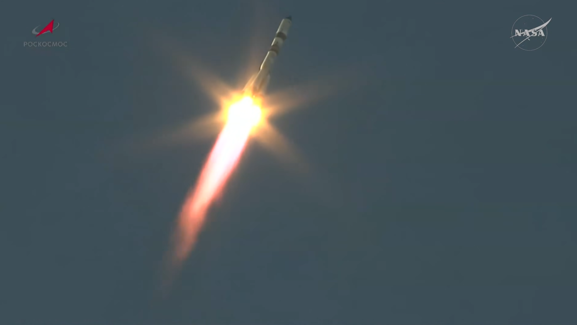 A soyuz rocket launches from the Baikanour Cosmodrome.
