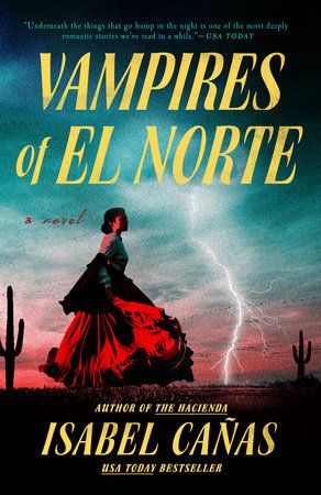 vampires of el norte book cover with a woman in a red dress walking in the desert while lightning is in the background