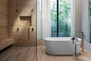 Sunset Island Residence by Strang Design bathroom with bathrub interior with large window