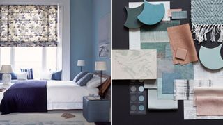 Blue bedroom image next to a moodboard showing blue and terracotta influences