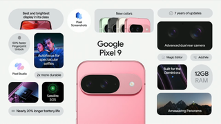 Google Pixel 9 specs sheet with a pink phone in the centre