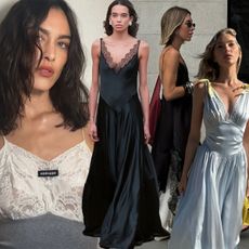 a collage of runway and influencer imagery featuring fall's lace-trim dress trend