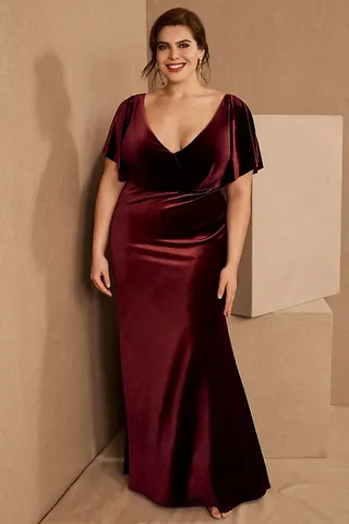 Jenny Yoo Ellis Flutter-Sleeve Open-Back Stretch Velvet Gown