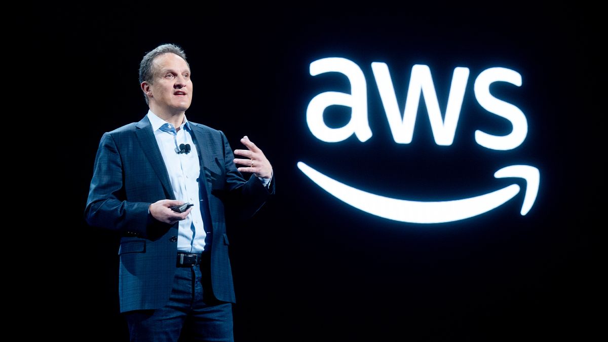 AWS CEO Adam Selipsky pictured on stage at AWS re:Invent 2023 in Las Vegas, Nevada.