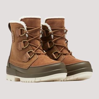 Flat lay image of Sorel tan boots