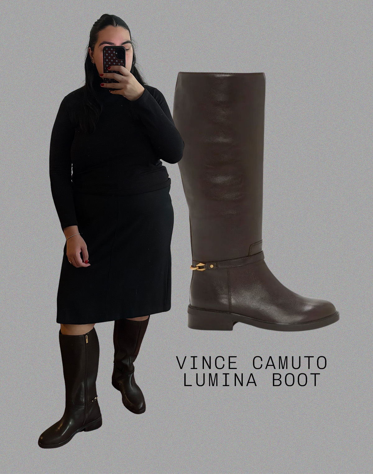 Who What Wear editor Ana Escalante wears different wide-calf boots.