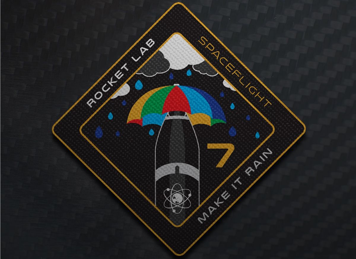 The mission patch for Rocket Lab&#039;s &quot;Make it Rain&quot; mission. The vehicle is set to launch in June from Rocket Lab Launch Complex 1 in New Zealand.