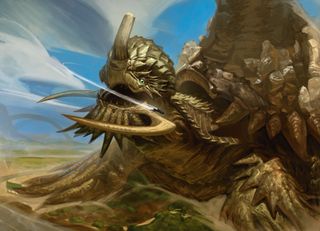 A giant chelonian monster snaps at a flying car