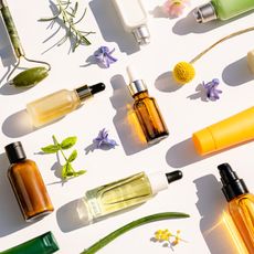 skincare bottles and botanicals