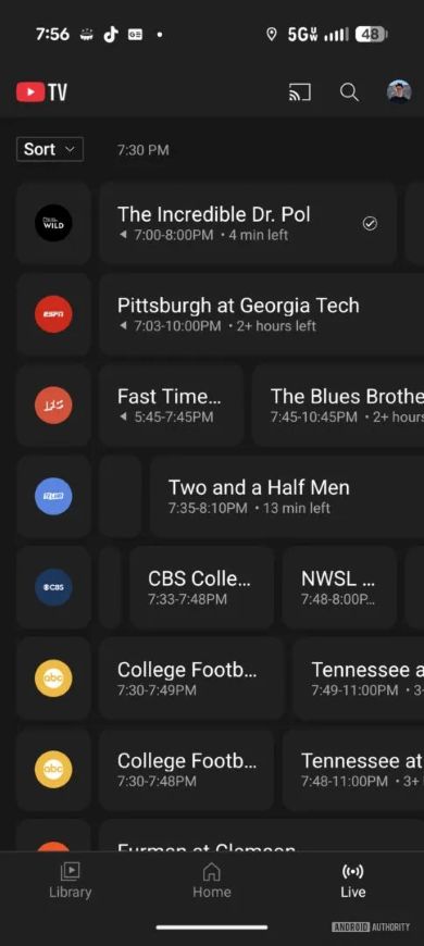 new Live Guide interface on YouTube TV for mobile