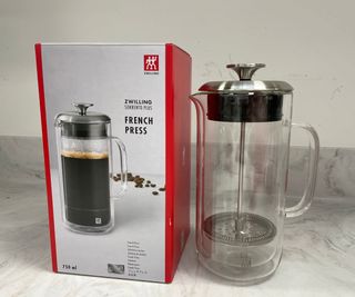 Zwilling Sorrento Plus French Press box and carafe on a countertop