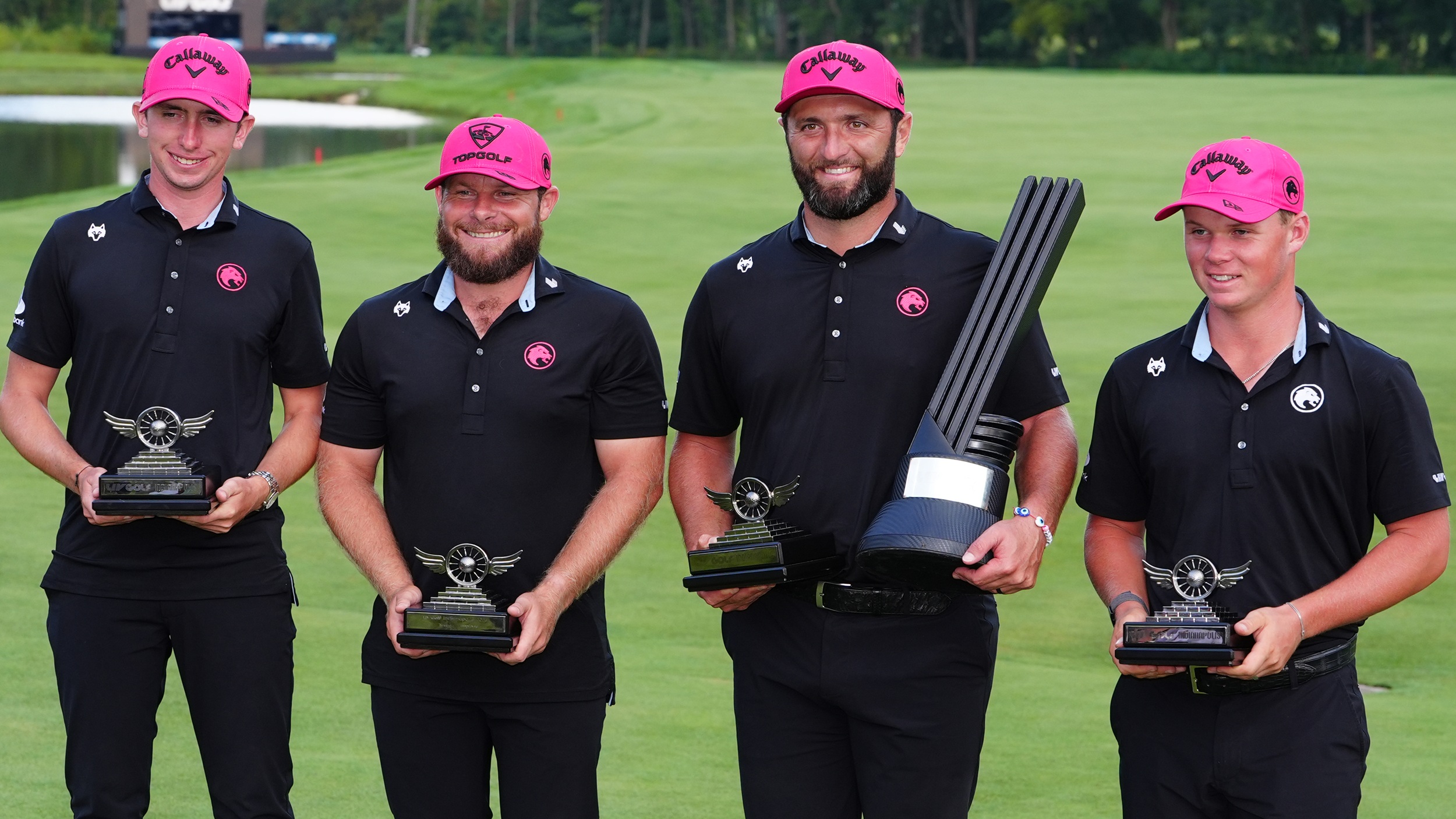 Legion XIII with Jon Rahm and Tyrrell Hatton celebrate winning LIV Golf Indianapolis