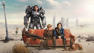 A promotional poster for Amazon's Fallout TV show, which shows Maximus, The Ghoul, Lucy, and Dogmeat
