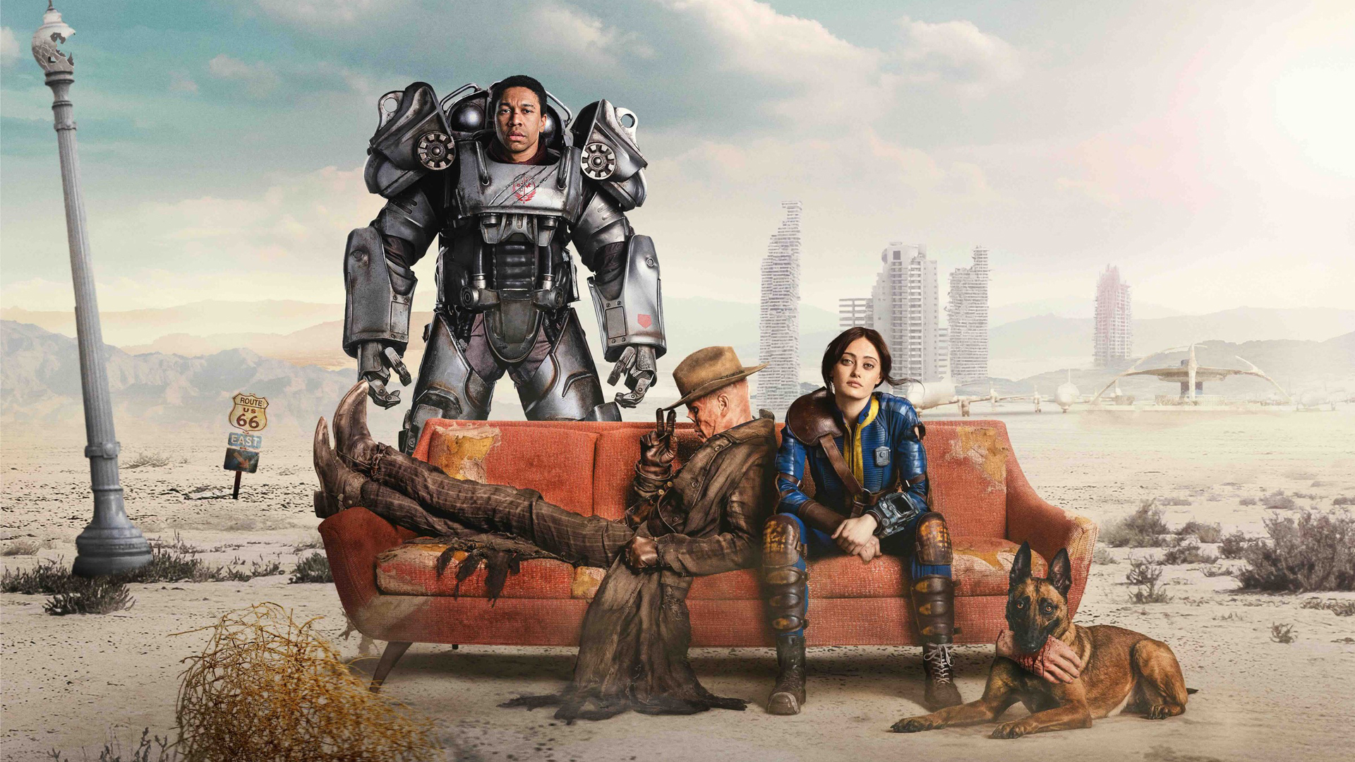 Un cartel promocional del programa de televisión Fallout de Amazon, que muestra a Maximus, The Ghoul, Lucy y Dogmeat.