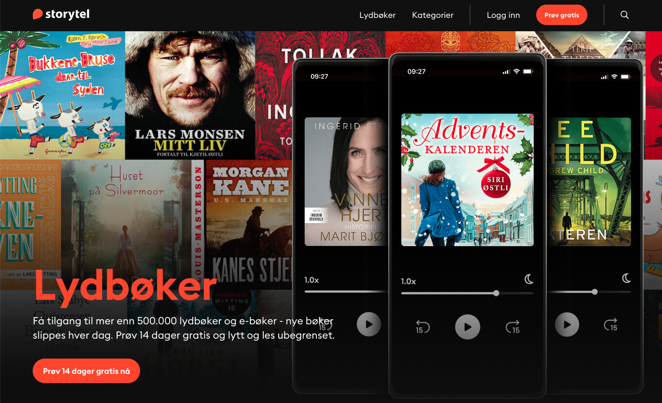 Skjermbilde fra den norske nettsiden til Storytel.