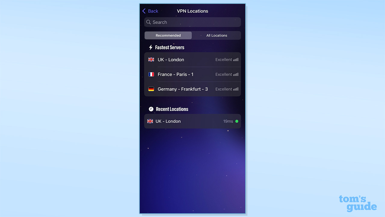 Screenshot showing EventVPN recommended servers